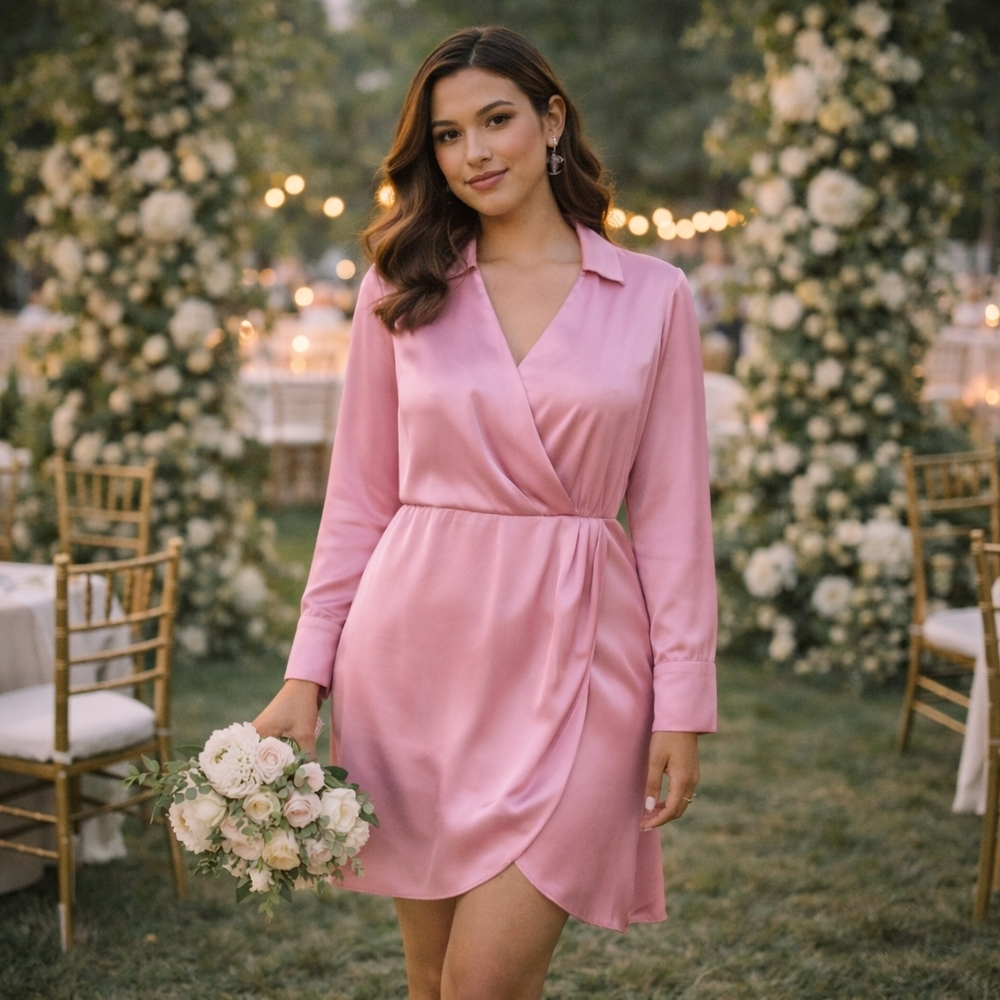 Abercrombie & Fitch Pink Satin Wrap Dress M Long Sleeve Silky Draped Waist